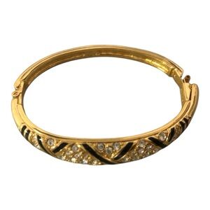 Exquisite Swarovski Hinged Bangle Bracelet Crystal, Gold Plated Black Enamel